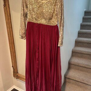 Gold Sequin with Berry Color Chiffon Gown Rose Buttons SMALL PROM